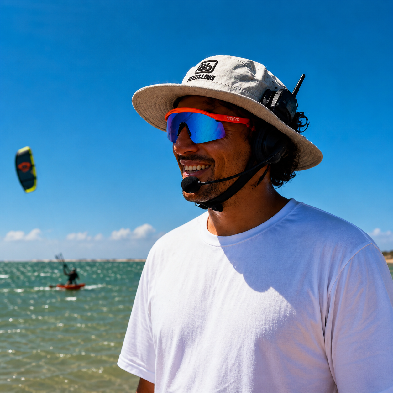 Coach con radio durante la sessione di kite